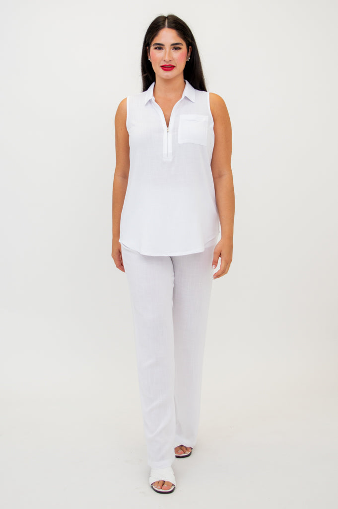 Collared Bamboo Linen Sleeveless Top