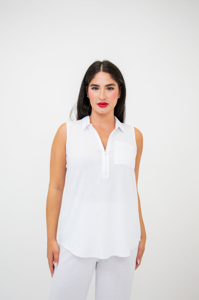 Collared Bamboo Linen Sleeveless Top